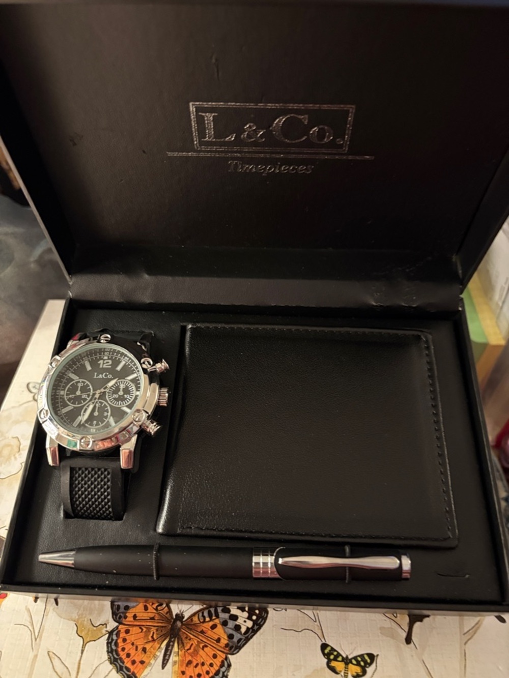 L&Co. Men's Silver Chronograph Watch with Black Wallet & Pen Set